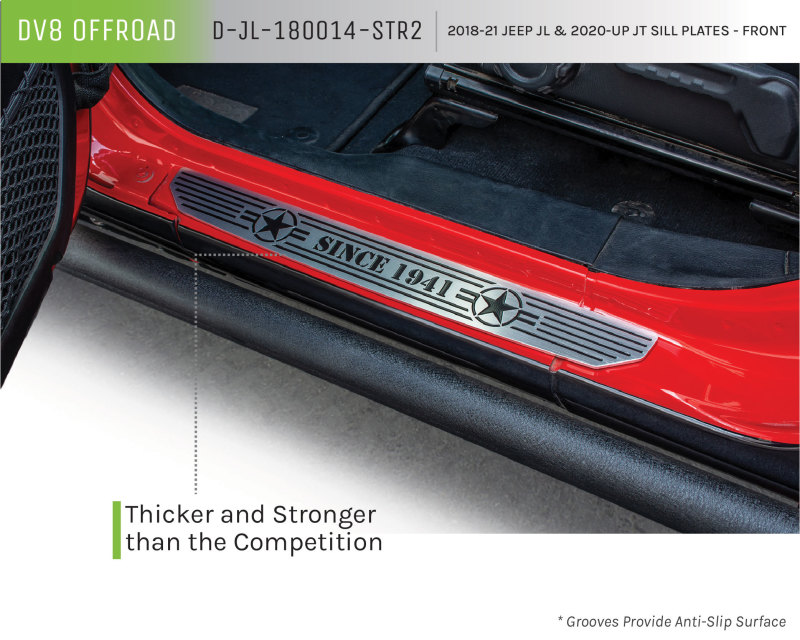 Jeep Wrangler JL Sill Plates - Front - DV8 Offroad - Since 1942 Logo - Black - `18-`27